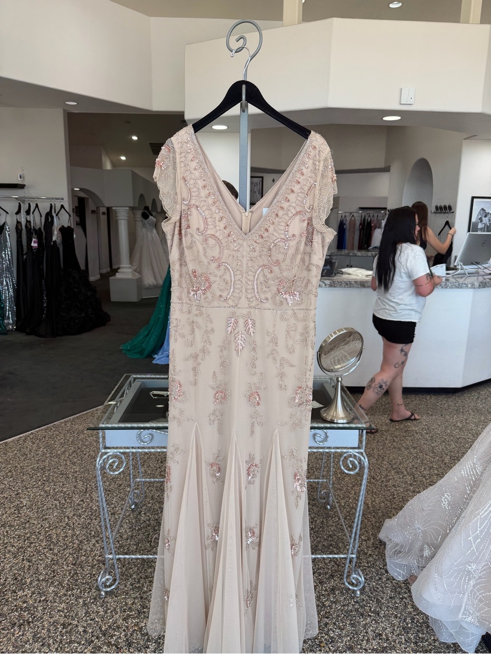 Adrianna Papell Blush-Beige Beaded V-Neck Maxi Gown